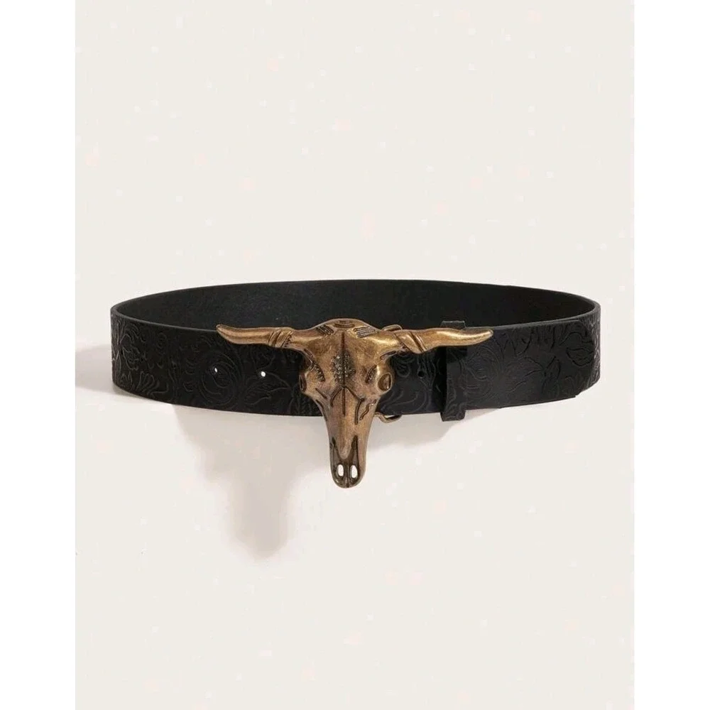 Western Belt Black Floral Embossed Bull Skull Buckle Fashion Accessory